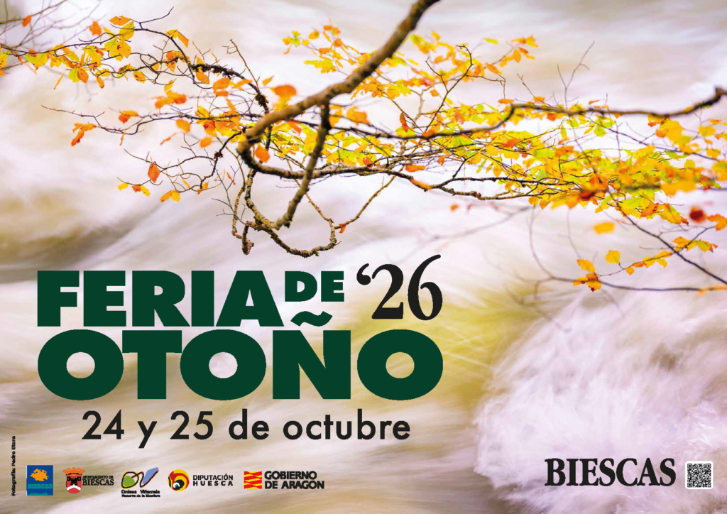 Feria de Otoño de Biescas 2026 - una rama otoñal con hojas marrones y amarillas aparece sobre un río caudaloso.
